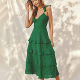 Vestido Rachel - Midi de Algodón Eyelet con Volantes y Diseño de Gracia Botánica para Mujeres - Verde Bosque