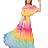 Vestido Benita - Largo Maxi Off Shoulders con Colores Degradados de Diseño Arcoíris - Multicolor