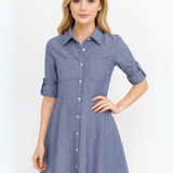 Vestido Camisero Corto de Denim Ligero con Corte en A - Azul