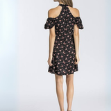Vestido Corto Off-Shoulder con Mangas Abullonadas, Escote Corazón y Choker Floral - Negro