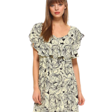 Vestido Corto con Volantes en el Escote y Estampado Floral - Negro y Beige