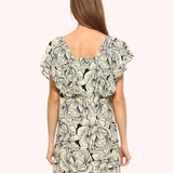 Vestido Corto con Volantes en el Escote y Estampado Floral - Negro y Beige
