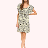 Vestido Corto con Volantes en el Escote y Estampado Floral - Negro y Beige
