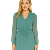 Vestido Corto de Gasa con Manga Larga y Cintura Ajustable - Verde