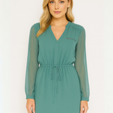 Vestido Corto de Gasa con Manga Larga y Cintura Ajustable - Verde