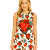 Vestido Recto sin Mangas con Estampado de Corazones y Aplique Bordado - Blanco y Rojo