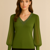 Chompa Antonia cuello en V con brillos y manga princesa - Verde Olivo