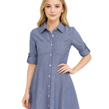 Vestido Camisero Corto de Denim Ligero con Corte en A - Azul