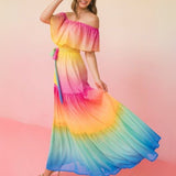 Vestido Benita - Largo Maxi Off Shoulders con Colores Degradados de Diseño Arcoíris - Multicolor