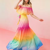 Vestido Benita - Largo Maxi Off Shoulders con Colores Degradados de Diseño Arcoíris - Multicolor