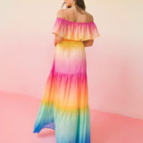 Vestido Benita - Largo Maxi Off Shoulders con Colores Degradados de Diseño Arcoíris - Multicolor