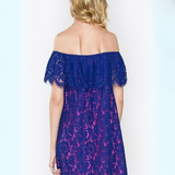 Vestido Corto Off-Shoulder de Encaje Azul Eléctrico con Fustán Fucsia - Azul