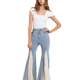 Jean Dámaris - Flare Boho-Chic con Inserción de Encaje Azul Atemporal para Mujer
