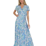 Vestido Mary - Maxi Largo Envolvente Floral de Rayón Fresco con Estampado de Jardín - Azul y Blanco