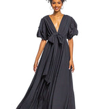 Vestido Eunice - Maxi Largo de Cuello en V con Mangas Farol - Negro