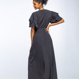 Vestido Eunice - Maxi Largo de Cuello en V con Mangas Farol - Negro