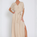 Vestido Maxi Gwen – Largo Fluido con Cinturón Ajustable y Escote en V – Beige