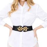 Correa Elástica con Hebilla de Hojas en Dorado - Negro