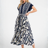 Vestido Maxi Juani – Largo Camisero con Estampado Geométrico - Azul y Blanco