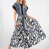 Vestido Maxi Juani – Largo Camisero con Estampado Geométrico - Azul y Blanco