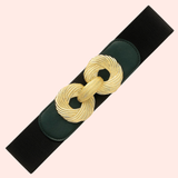 Correa Elástica con Hebilla de Dos Circulos con Textura en Diagonal en Dorado - Negro