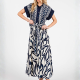 Vestido Maxi Juani – Largo Camisero con Estampado Geométrico - Azul y Blanco