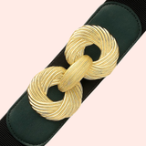 Correa Elástica con Hebilla de Dos Circulos con Textura en Diagonal en Dorado - Negro