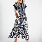 Vestido Maxi Juani – Largo Camisero con Estampado Geométrico - Azul y Blanco