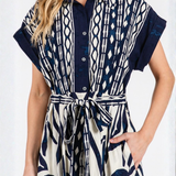 Vestido Maxi Juani – Largo Camisero con Estampado Geométrico - Azul y Blanco