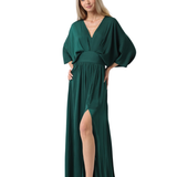 Vestido Maxi Monica – Largo Fluido con Pretina en la Cintura, Escote en V y Abertura Lateral – Verde