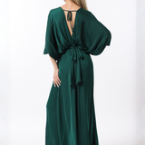 Vestido Maxi Monica – Largo Fluido con Pretina en la Cintura, Escote en V y Abertura Lateral – Verde