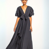 Vestido Eunice - Maxi Largo de Cuello en V con Mangas Farol - Negro