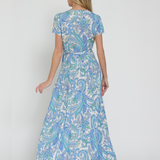 Vestido Mary - Maxi Largo Envolvente Floral de Rayón Fresco con Estampado de Jardín - Azul y Blanco