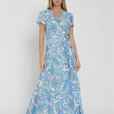 Vestido Mary - Maxi Largo Envolvente Floral de Rayón Fresco con Estampado de Jardín - Azul y Blanco