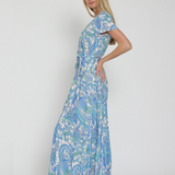 Vestido Mary - Maxi Largo Envolvente Floral de Rayón Fresco con Estampado de Jardín - Azul y Blanco