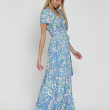 Vestido Mary - Maxi Largo Envolvente Floral de Rayón Fresco con Estampado de Jardín - Azul y Blanco
