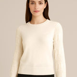 Chompa con Cuello Redondo y Mangas de Gasa Vintage - Blanco
