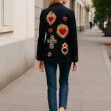 Blazer Largo Cruzado con Diseño Intervenido a Mano en la Espalda - Negro
