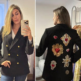 Blazer Largo Cruzado con Diseño Intervenido a Mano en la Espalda - Negro