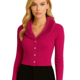 Cárdigan con Piel en Cuello y Botones - Fucsia