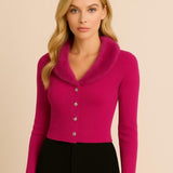 Cárdigan con Piel en Cuello y Botones - Fucsia