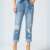 Jean con Correa Ajustable en la Cintura Estilo Mom Jean - Celeste