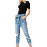 Jean con Correa Ajustable en la Cintura Estilo Mom Jean - Celeste