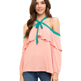 Blusa con Ribete Turquesa Cold Shoulder - Rosado