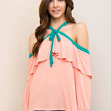 Blusa con Ribete Turquesa Cold Shoulder - Rosado