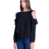 Blusa Cold Shoulder y Ruffle vertical - Negro