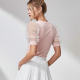 Blusa Tejida con Manga Corta de Organza - Rosado