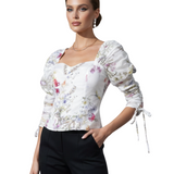 Blusa Estampada con Flores y Manga Larga Fruncida - Blanco