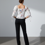 Blusa Estampada con Flores y Manga Larga Fruncida - Blanco